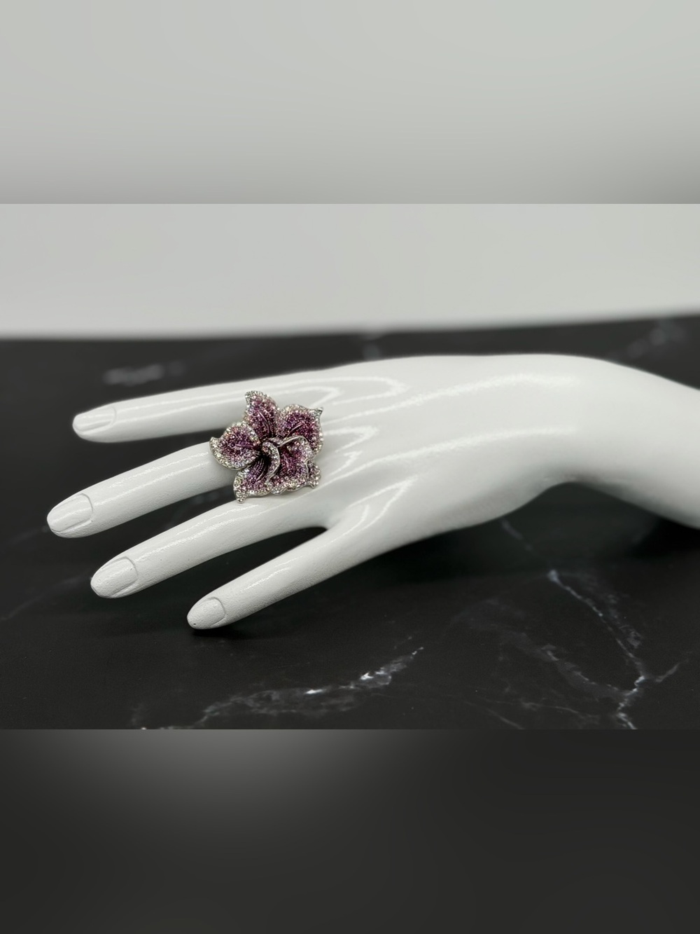 Vintage Nolan Miller Purple Crystal Rhinestone Orchid Flower Cocktail Ring Size7